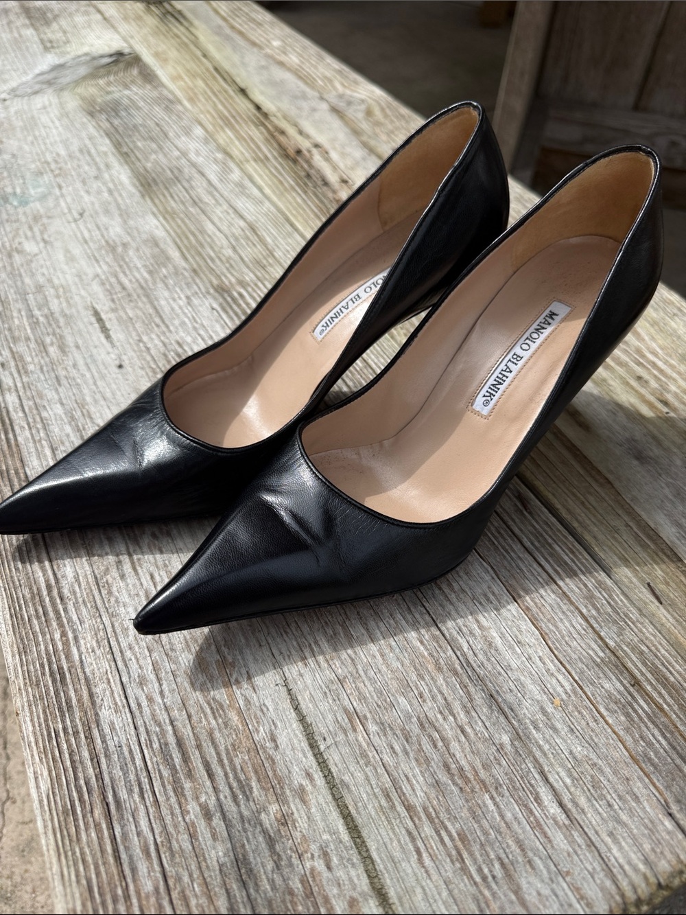 Manolo Blahnik Black Pointed-Toe Leather Pumps